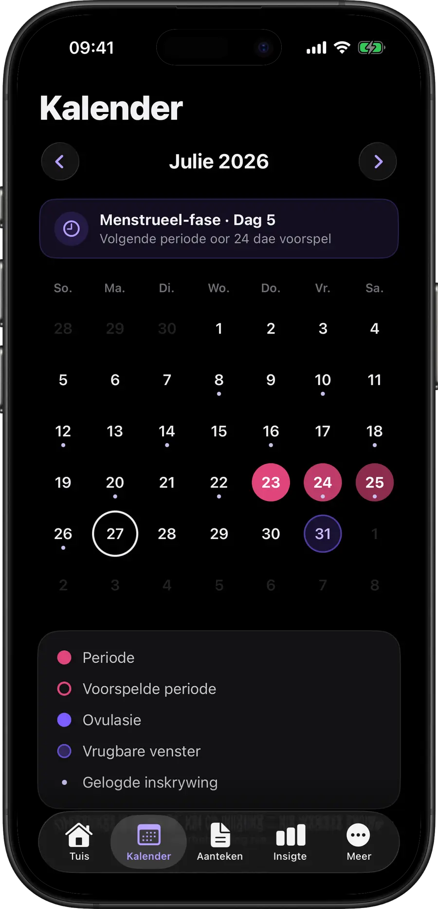 Simply Track-kalender met kleurgekodeerde menstruasie-, vrugbare en ovulasiedae
