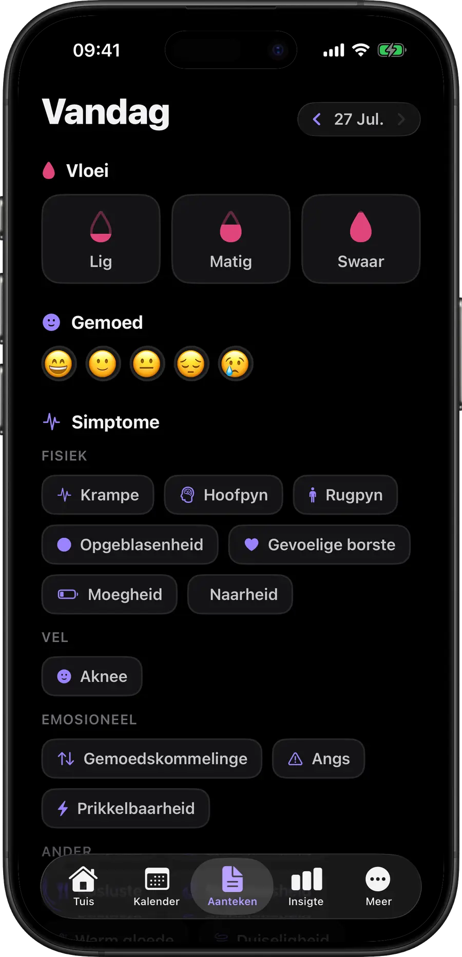 Simply Track se daaglikse logboek vir vloei, gemoed en simptome