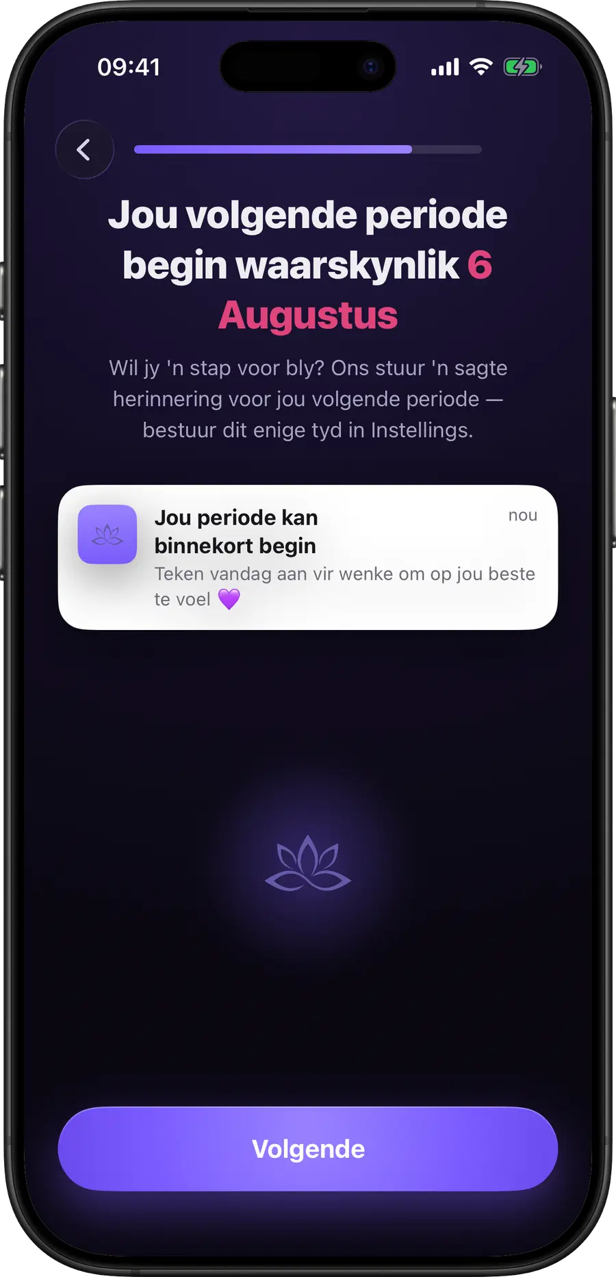 Simply Track wat die begindatum van jou volgende menstruasie voorspel