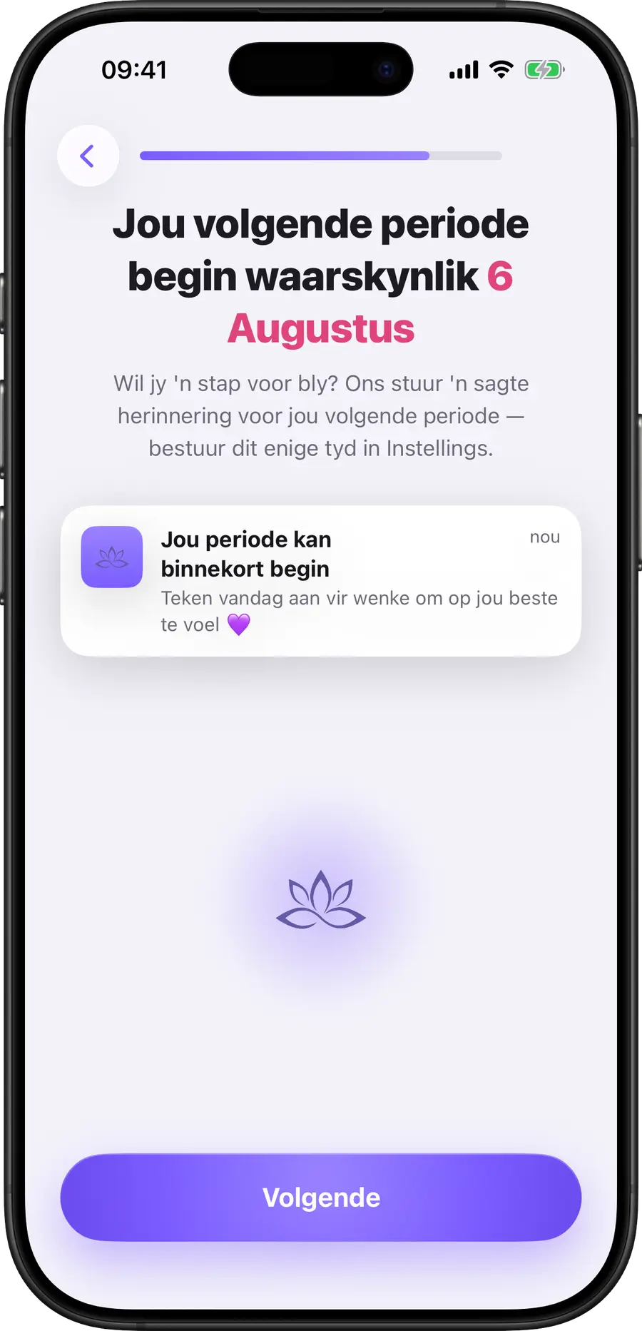 Simply Track wat die begindatum van jou volgende menstruasie voorspel