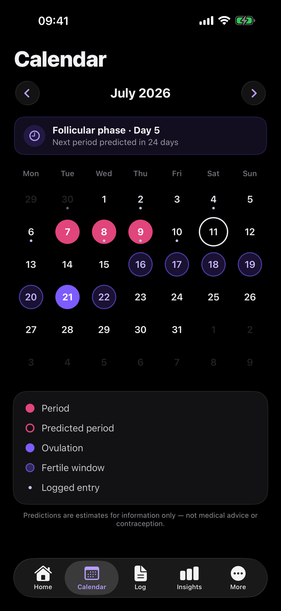 Simply Track Kalender mit farblich markierten Tagen für Periode, fruchtbare Tage und Eisprung