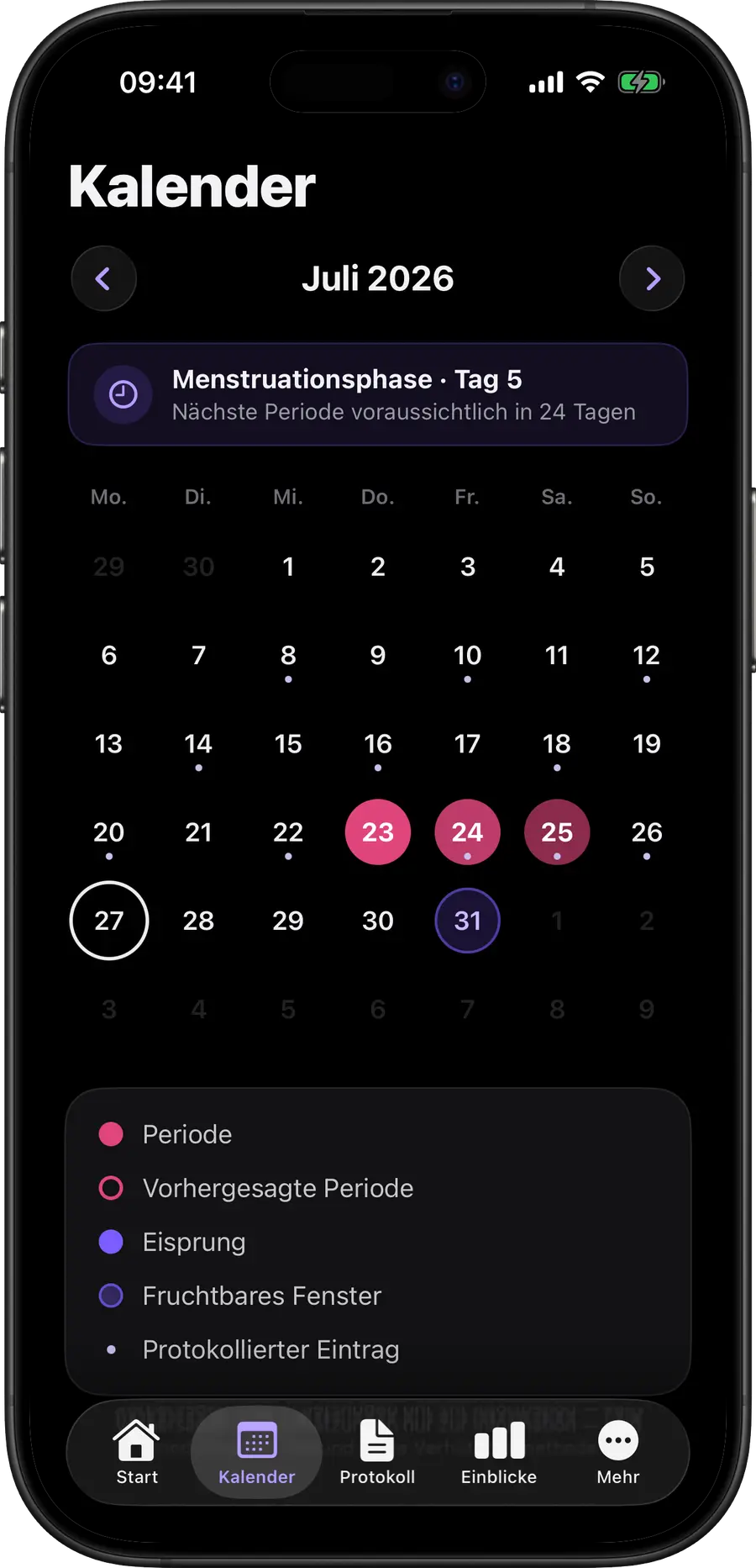 Simply Track Kalender mit farblich markierten Tagen für Periode, fruchtbare Tage und Eisprung