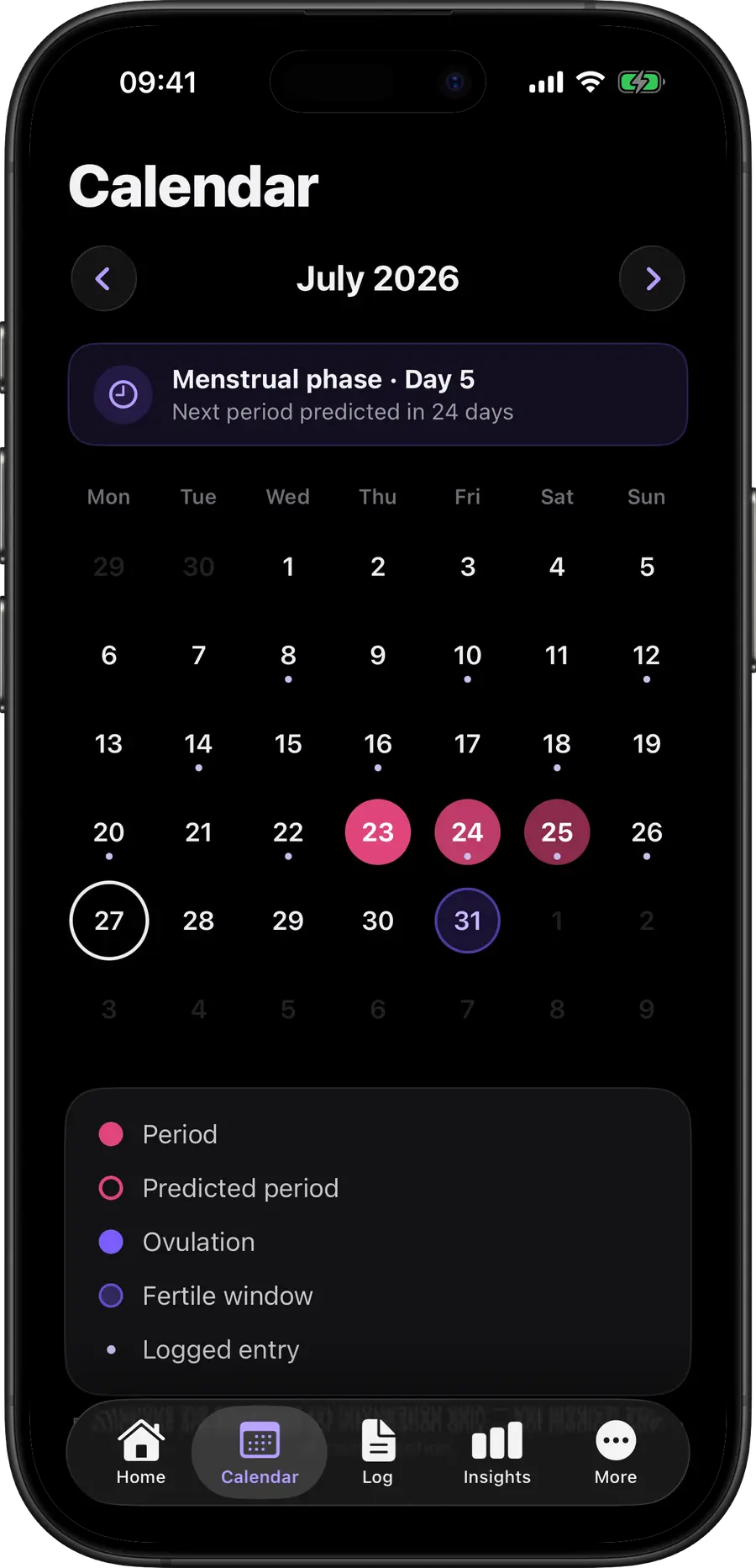 Simply Track calendar with colour-coded period, fertile and ovulation days