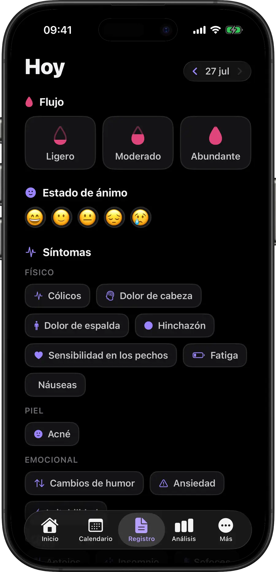 Registro diario de Simply Track para flujo, ánimo y síntomas