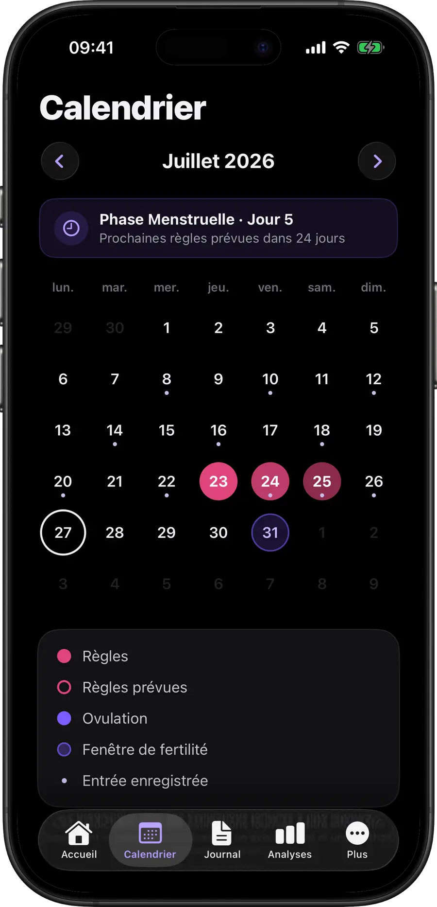 Calendrier Simply Track avec les jours de règles, de fertilité et d’ovulation codés par couleur