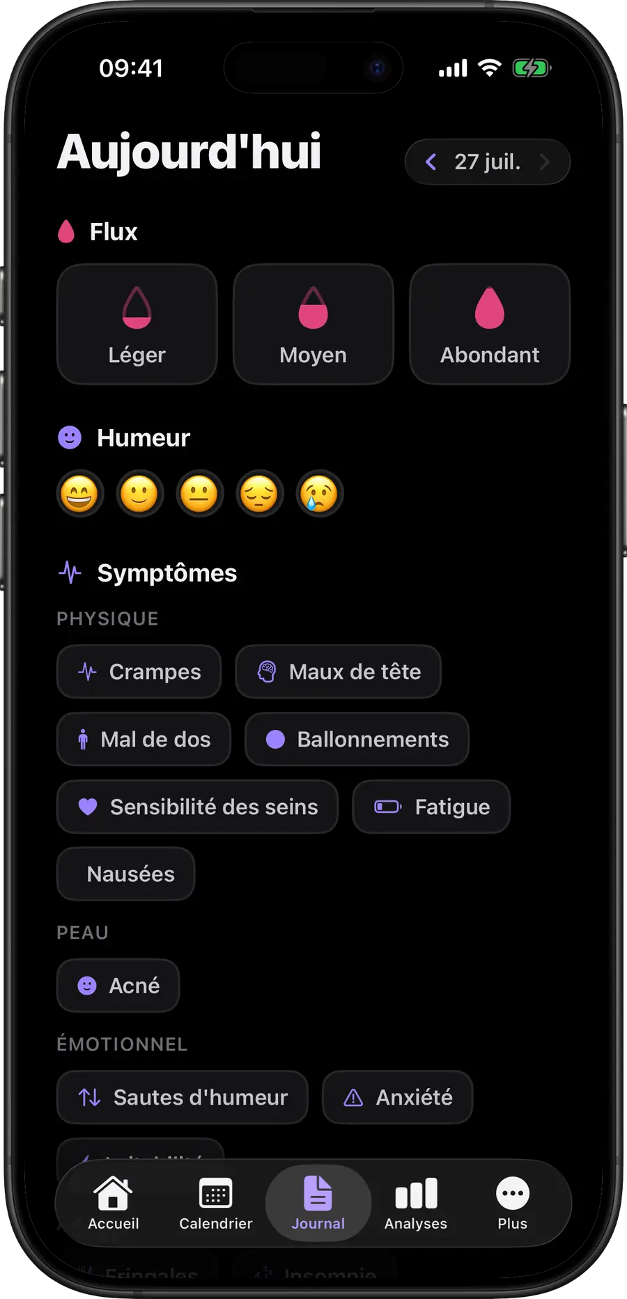 Journal quotidien Simply Track pour le flux, l’humeur et les symptômes