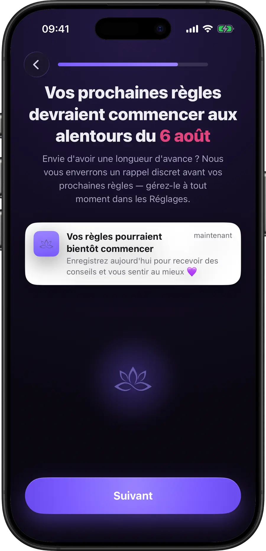 Simply Track prédisant la date de début des prochaines règles