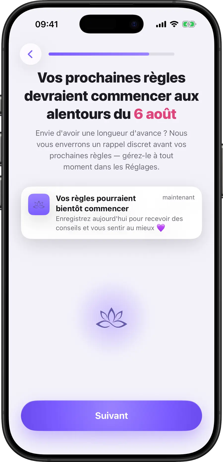 Simply Track prédisant la date de début des prochaines règles