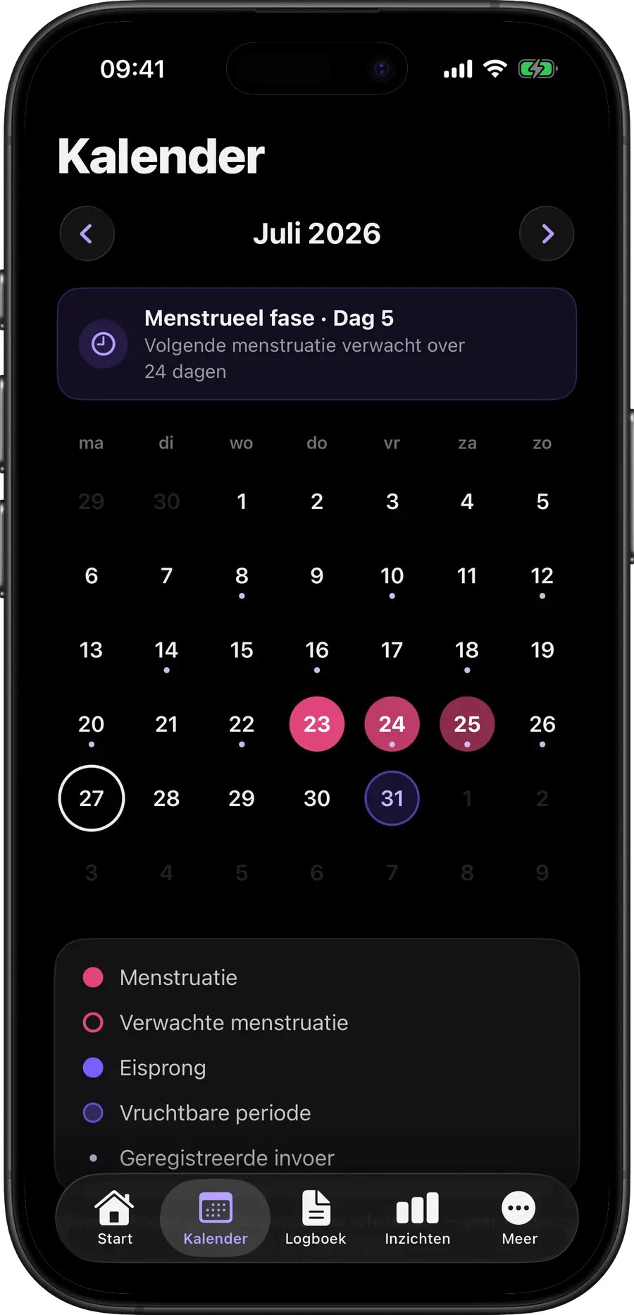Simply Track-kalender met kleurgecodeerde menstruatie-, vruchtbare en eisprongdagen
