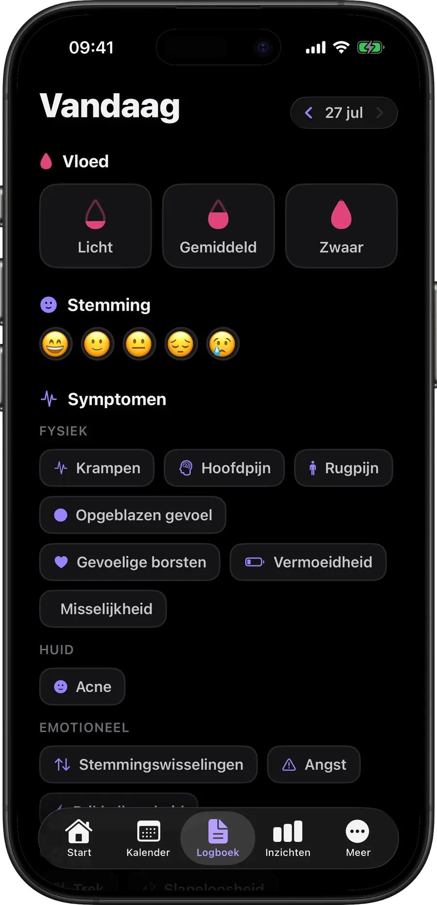 Simply Track dagelijks logboek voor bloedverlies, stemming en symptomen