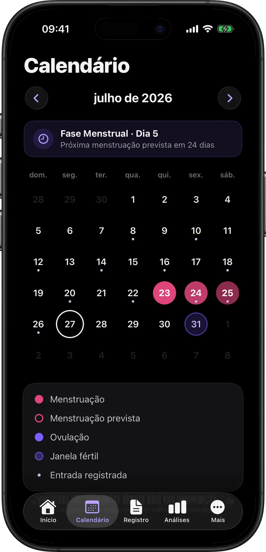 Calendário do Simply Track com dias de menstruação, período fértil e ovulação organizados por cores