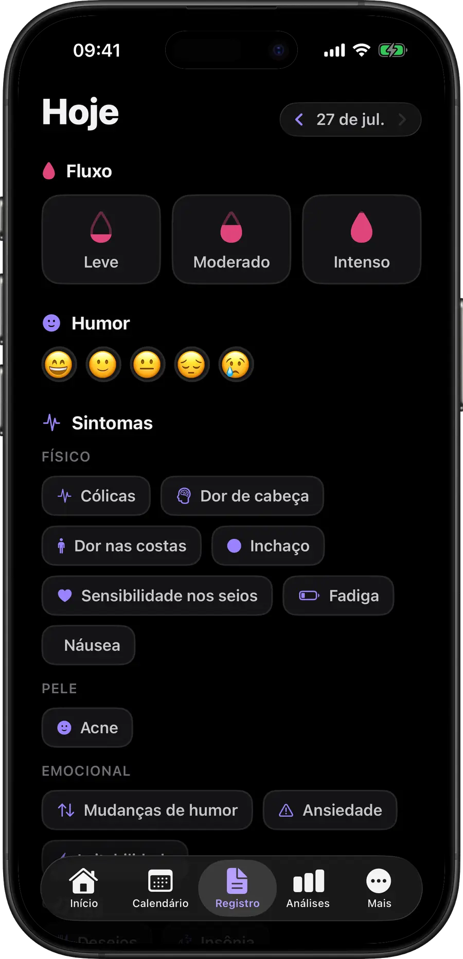 Diário do Simply Track para fluxo, humor e sintomas