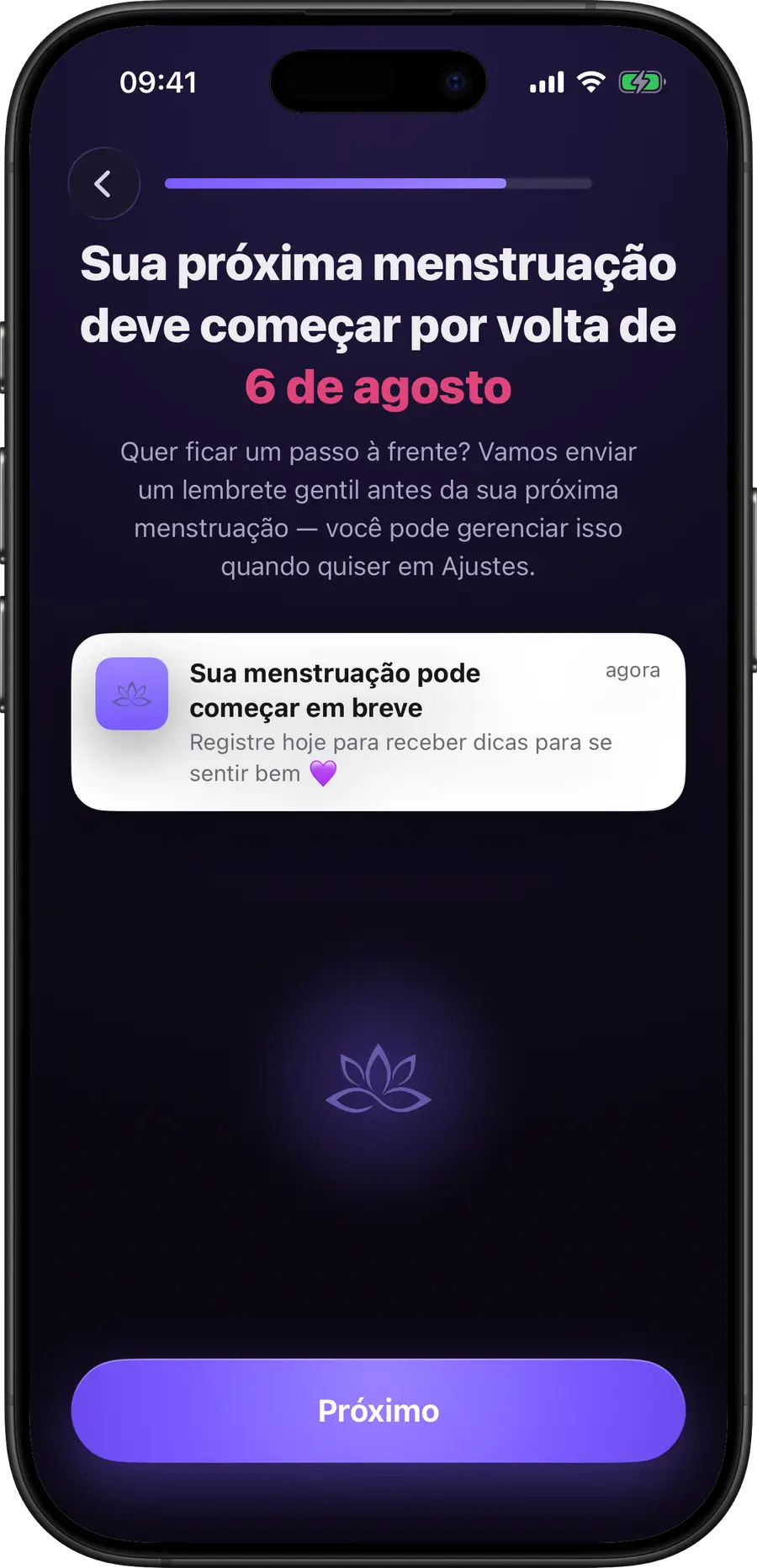 Simply Track prevendo a data de início da próxima menstruação