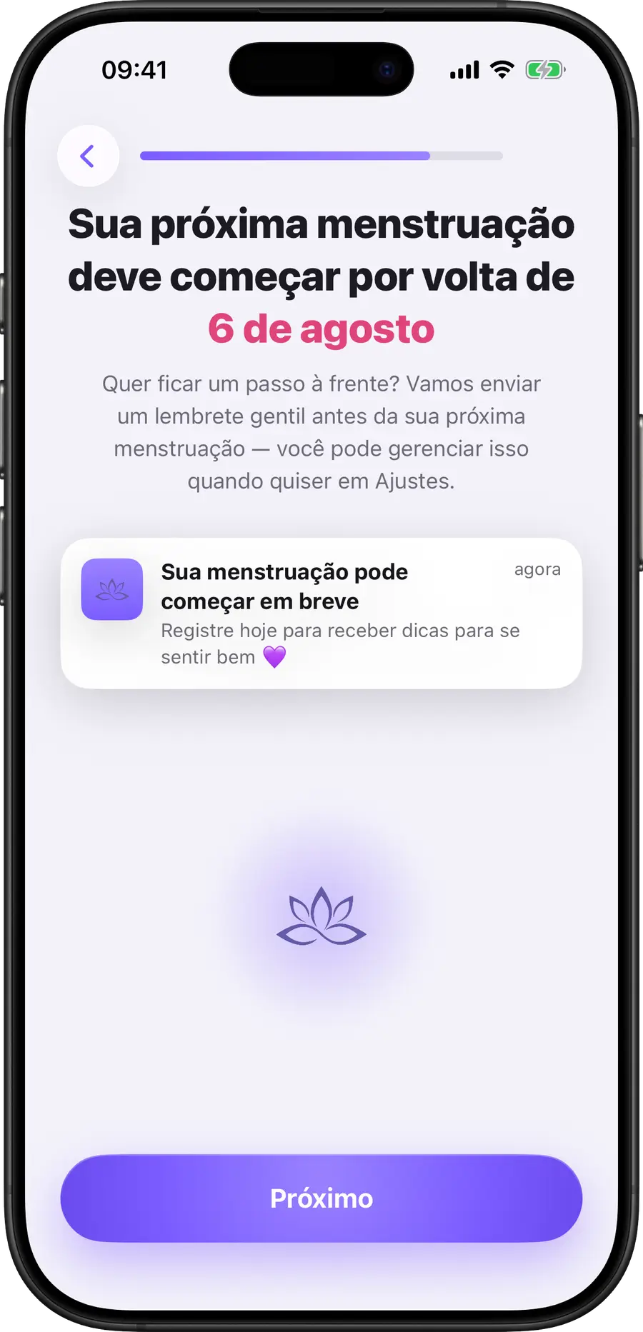 Simply Track prevendo a data de início da próxima menstruação